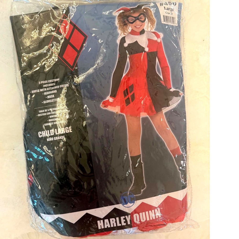 DC Comics Harley Quinn Costume Kids Large 12-14 Dress Mask Headband 5pc Set 456
